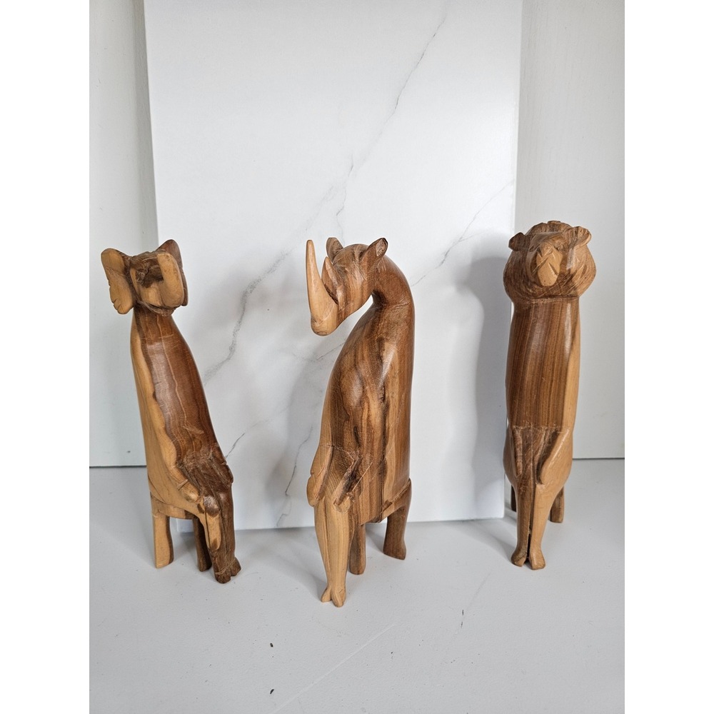 Vintage Hand Carved Wood Safari Animal Figurines Set of 3 Lion Rhino Elephant